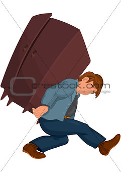 Cartoon man in gray jacket carries heavy furniture