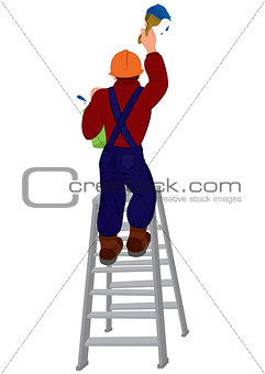 Cartoon man in hard hat on the ladder painting wall