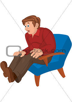 Cartoon man in red top and brown pants sitting in armchair