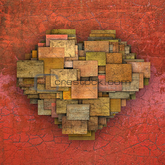 3d fragmented love heart shape square tile grunge pattern 