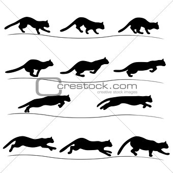 Set of running black cat silhouettes