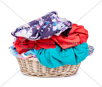 Laundry Basket Of Clothes/ Horizontal Shot Isolated On White Bac