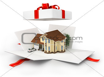 Opened gift with house on the white background.