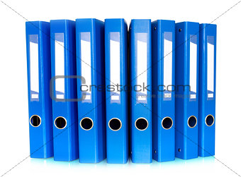 Blue Ring Binders in row isolated on white background