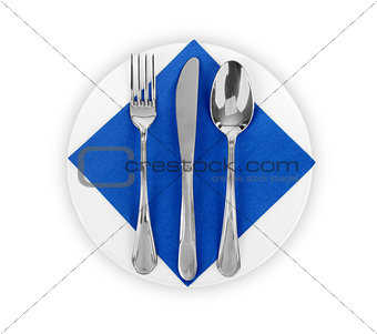Plate with Napkin, Knife and Fork Isolated on White Background.