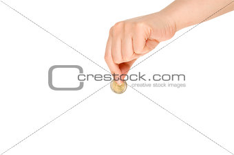 Image of woman's hand with one coin