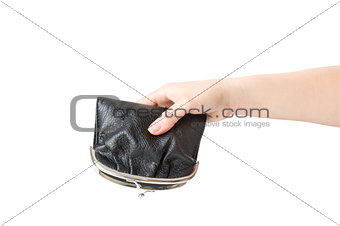 coins falling out of purse in hand isolated on white