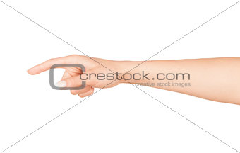 Woman hand touching virtual screen. Isolated on white.