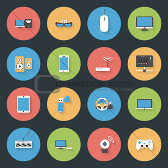 Computers, peripherals and network devices flat icons set