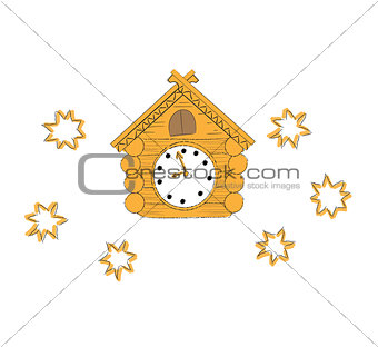 vector illustration of vintage wooden cuckoo clock on a white background