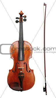 Violin and bow on white background