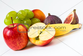 fresh apple, grapes, banana, fig, nectarine