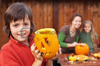 Family preparing for Halloween