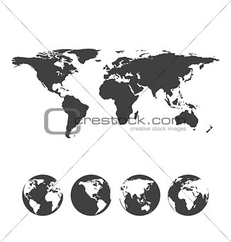 Gray map of the world with globe icons