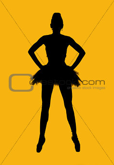 Black silhouette of ballerina isolated over yellow background