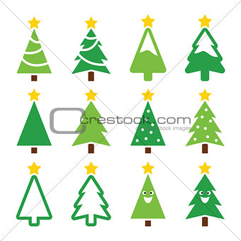 Christmas green tree with star vector icons set