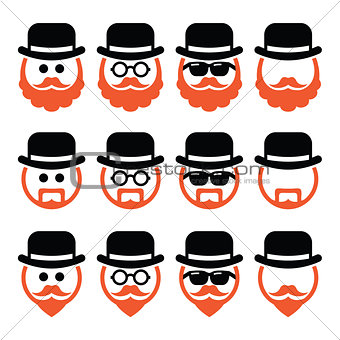 Man in hat with ginger beard and glasses icons set