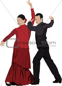 Beautiful young pair dancing flamenco isolated on white. Vector 