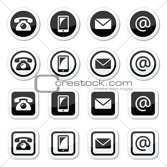 Contact icons in circle and square set - mobile, phone, email, envelope