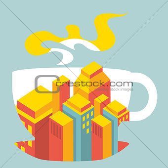 city ââbuildings inside the cup of coffee