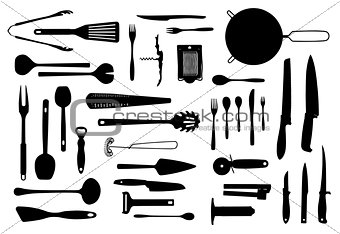 Kitchen equipment and cutlery silhouette set