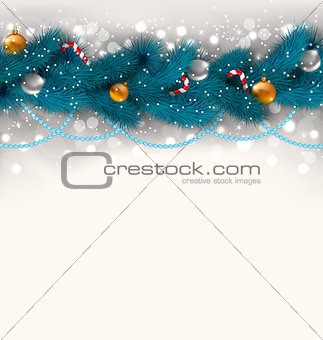 Christmas decoration with fir branches, glass balls and sweet ca