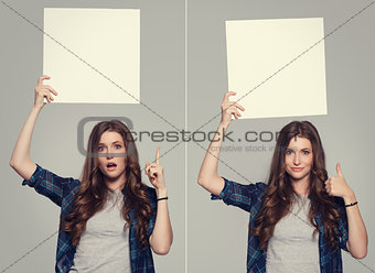 Girl holding white billboard