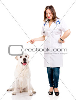 Beautiful young veterinary with a labrador dog, isolated over wh