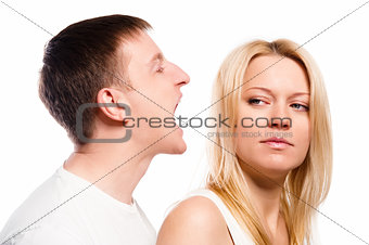 Man screaming at his girlfriend over white background