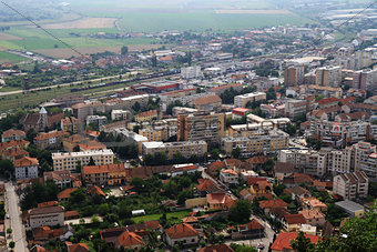 Panorama of the Romanian city of Deva bird's-eye view.
