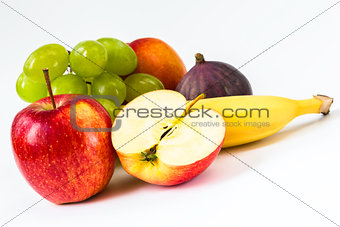 fresh apple, banana, grapes, fig, nectarine