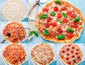 Pizza with cherry tomatoes and basil. Step by step