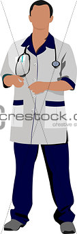Doctor man with white doctor`s smock. Vector illustration