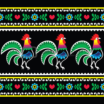 Polish folk art pattern with roosters on black - Wzory lowickie, Wycinanka