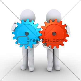 Two people with cogs as teamwork concept