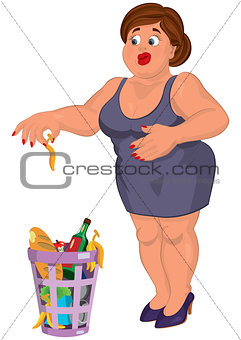 Cartoon young fat woman in gray dress disgusted near garbage can