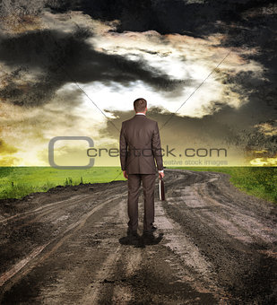 Businessman with briefcase standing on the road. Rear view