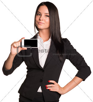 Beautiful women in suit showing smart phone