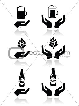 Beer bottle and glass, hops with hands icons set
