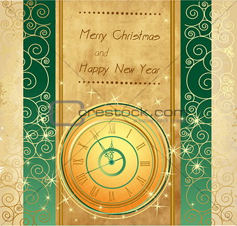 Happy New Year and Merry Christmas vintage background with clock