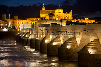  Mosque (Mezquita) and  Roman Bridge at beautiful night, Spain, 