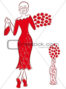 Lady in long red gown with red roses goes away