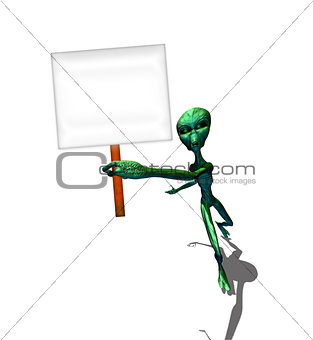 Green alien hold a sign
