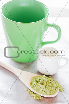 Set of making hot green tea latte drink