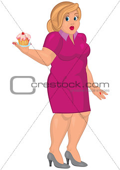 Cartoon young fat woman in pink dress holding capcake