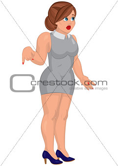 Cartoon young woman in gray mini dress standing