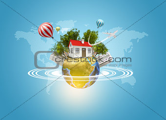 Earth with house, buildings, air balloons, trees and airplane