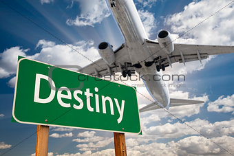 Destiny Green Road Sign and Airplane Above