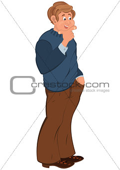 Happy cartoon man standing in brown pants with hand on chin