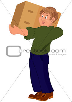 Happy cartoon man standing in brown shoes holding big box